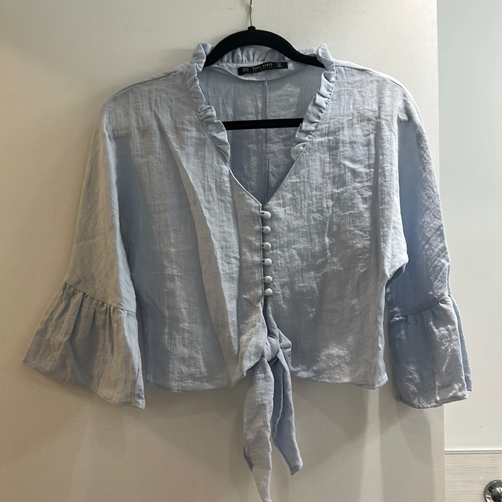 Zara light blue linen tied crop top